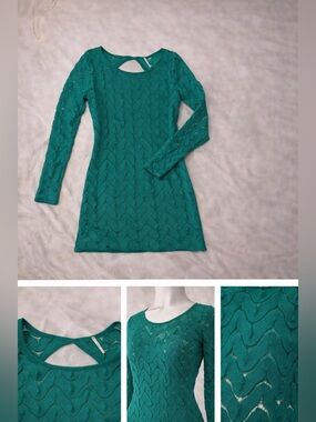 Free People Teal Chevron Open Knit Long Sleeve Mini Dress - Small